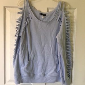 Distressed, light blue sweatshirt